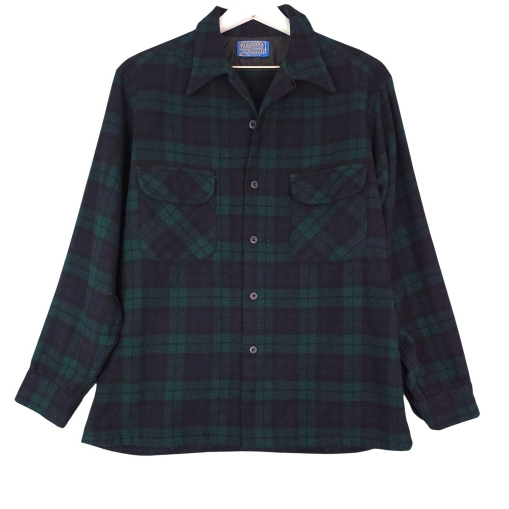 Pendleton Board Shirt Mens Large Wool Black Watch Tartan Plaid Flannel Vintage